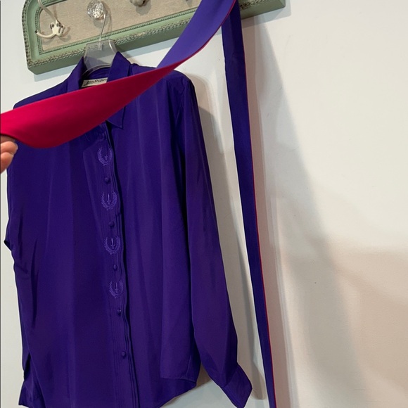 Vintage yves st Clair 2 Deep Purple Button Down Shirt & skinny neck scarf 16 w - Picture 6 of 10